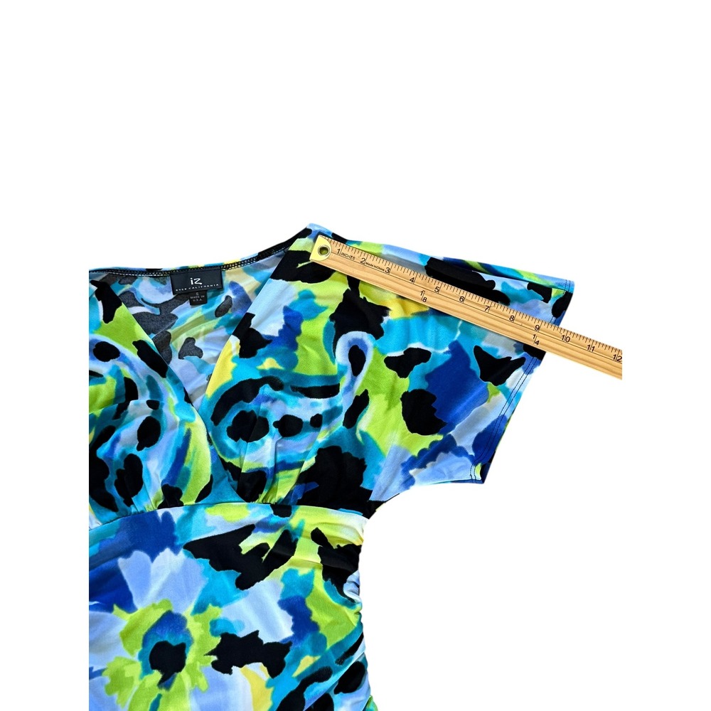 iz Byer California Womens Small Blue Green Abstract Floral Surplice Ruched Top - Picture 7 of 8